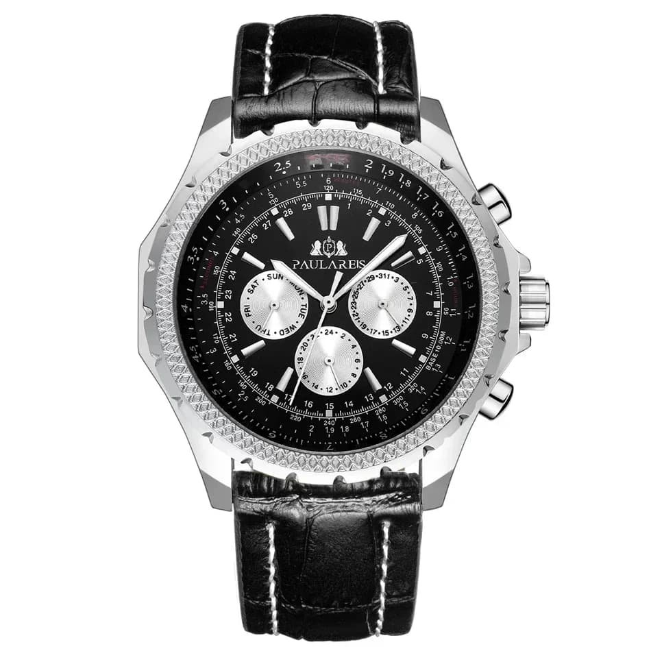 Montre automatique à mouvement mécanique pour homme, noir, marron, bleu, bracelet en cuir, montres d