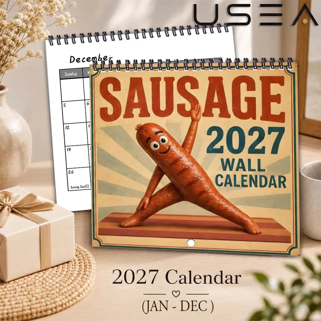 Calendrier de bureau 2027, 12 mois, calendrier de bureau amusant sur le thème du yoga et des sauciss