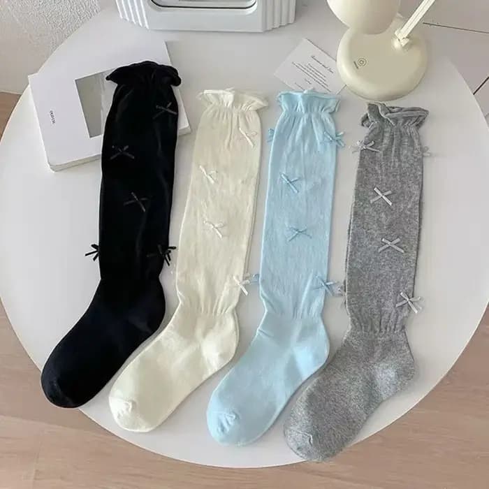 Chaussettes pour femmes, style ballet, chaussettes en tissu éponge, longues avec nœud, style étudiant, faciles à assortir, fines et style été
