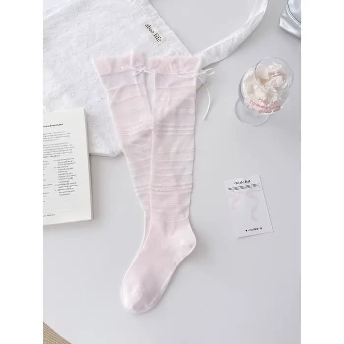 Chaussettes hautes pour femmes, bas transparents à volants et nœuds mignons, style coréen, nouvelle
