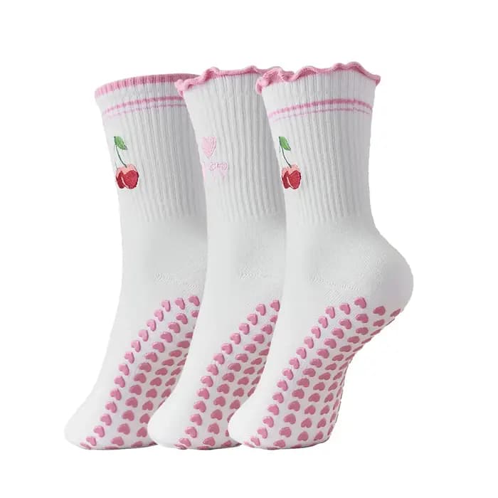 3 paires, 3 paires de chaussettes de Pilates mignonnes avec poignées chaussettes de Yoga à volants pour femmes