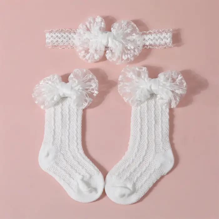 Ensemble de chaussettes pour nouveau-né fille de 3 à 12 mois, bandeau, mignon, respirant, en tricot, avec nœud, robe de princesse, pour fête, mariage, photographie