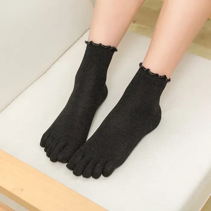 Chaussettes pour femmes coton cinq doigts à volants couleur unie orteil