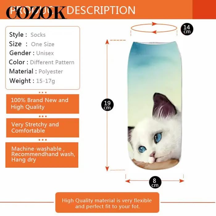 3 paires nouvelle impression 3D drôle mignon dessin animé chaton unisexe chaussettes courtes créatif coloré Multiple