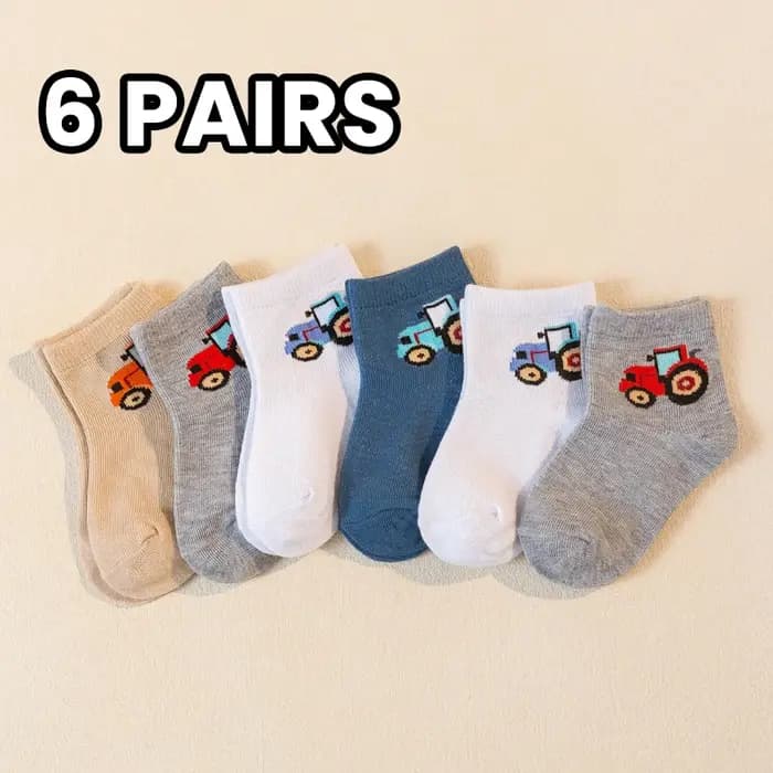6 paires de chaussettes pour enfants à motif de tracteur de dessin animé, chaussettes mi-mollet confortables et antidérapantes, respectueuses de la peau, pour toutes les saisons, pour bébés garçons