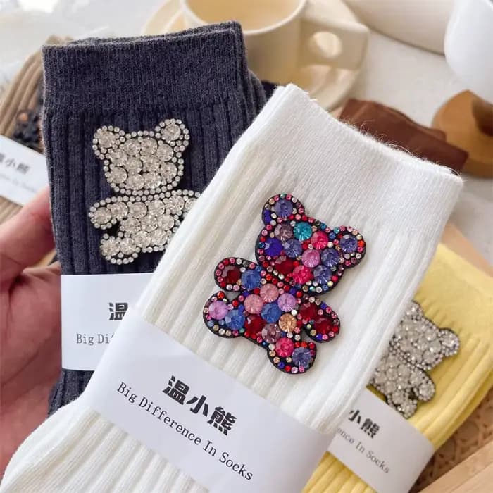 Chaussettes décoratives ours de dessin animé diamant, chaussettes pour femmes scintillantes à la mode, chaussettes de noël confortables et respirantes