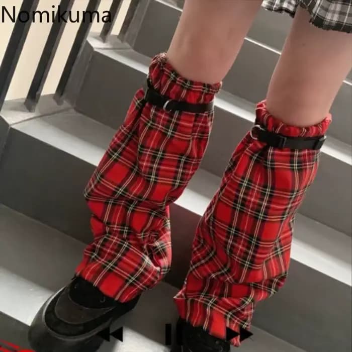 Jambières à carreaux rouges pour femmes, Style Y2K, Patch pour dames, Streetwear, mode, manches de pied, Harajuku, sangle en PU, chaussettes d'été coréennes 2025