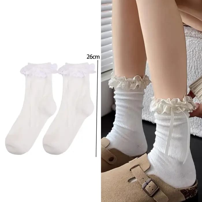 Harajuku automne couleur unie dentelle nœud Lolita à volants chaussette pour femmes Kawaii