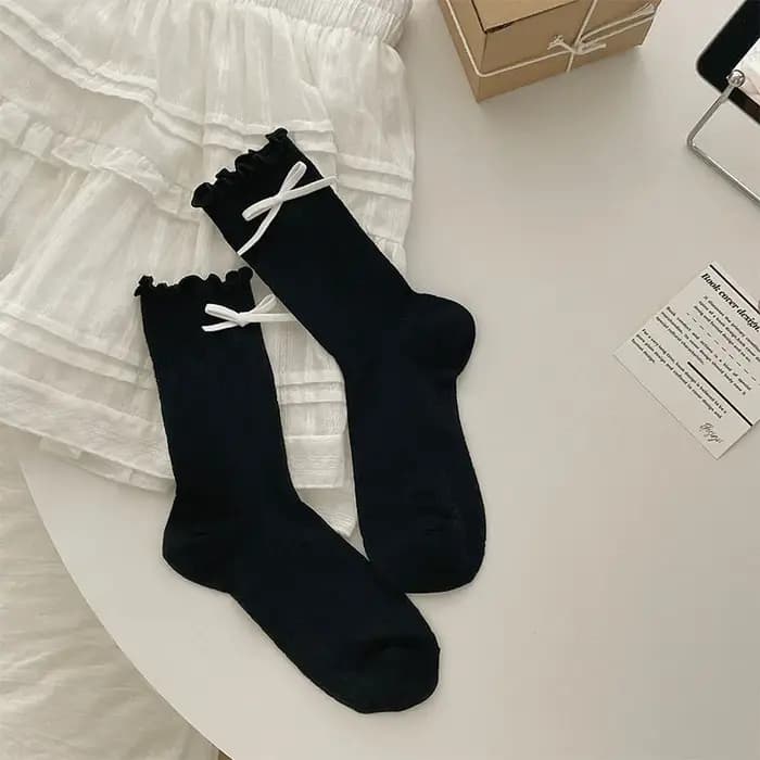 Chaussettes pour femmes Printemps-Été, mi-mollet, fines, en maille ajourée, respirantes et fraîches, avec nœud mignon et élégant, chaussettes de mode, vente en gros