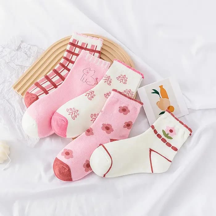 5 paires fleur rose tricot chaud pour enfants chaussettes pour filles