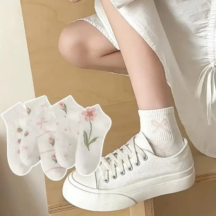 5 paires de chaussettes courtes roses avec nœud papillon et fleurs, mignonnes, style JK Kawaii, chau
