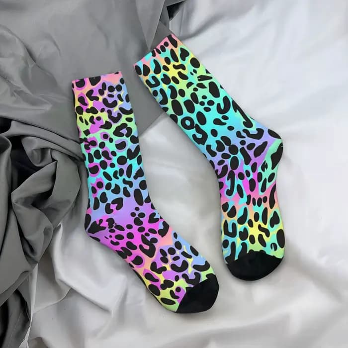 Chaussettes d'hiver unisexes à motif imprimé léopard néon, chaussettes joyeuses de randonnée, style