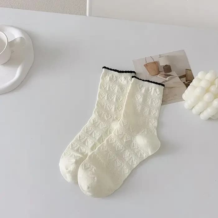 Chaussettes pour femmes à bordure fleurie, mode printemps-été, chaussettes respirantes mi-mollet, en coton fin, confortables, couleur unie blanche