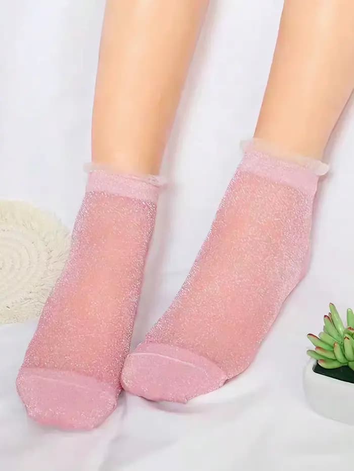 1/2/3 paires de chaussettes courtes en maille rose à paillettes pour femmes | Bordure en dentelle