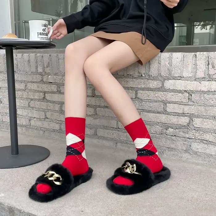 Chaussettes mi-tube à carreaux diamantés pour femmes