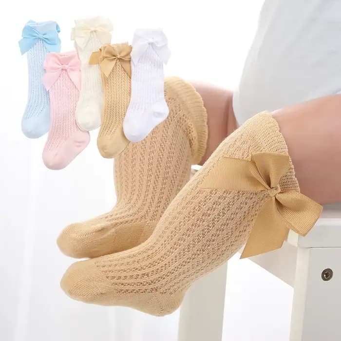Chaussettes longues pour bébés filles en coton doux style espagnol avec nœud et dentelle ajourée pour confort quotidien et élégance