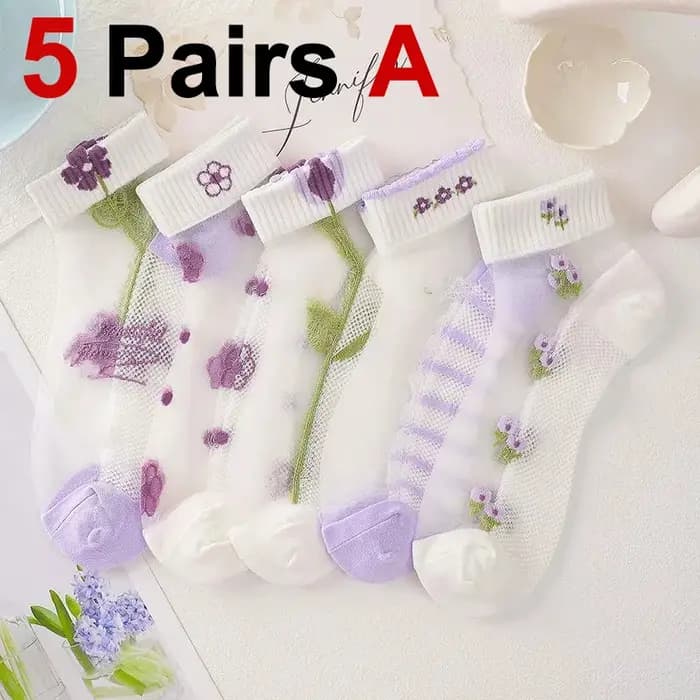 5 paires de chaussettes courtes à motifs de fleurs pour femmes
