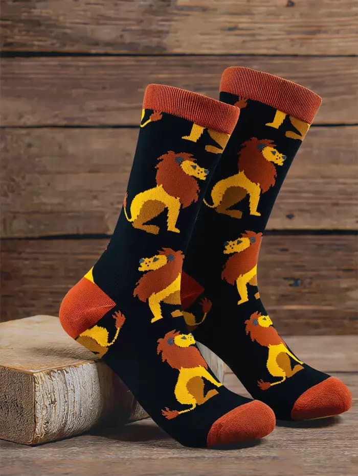 1 Paire de Chaussettes Mi-Mollet pour Hommes à Motif Animalier Original (Lion, Tigre) – Chaussettes