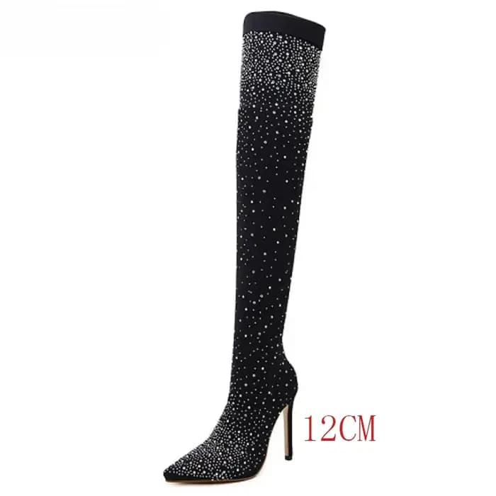 Chaussettes Sexy à talons hauts, bottes au-dessus du genou, bout pointu, strass en cristal, tissu extensible, chaussures de danse sur poteau pour femmes