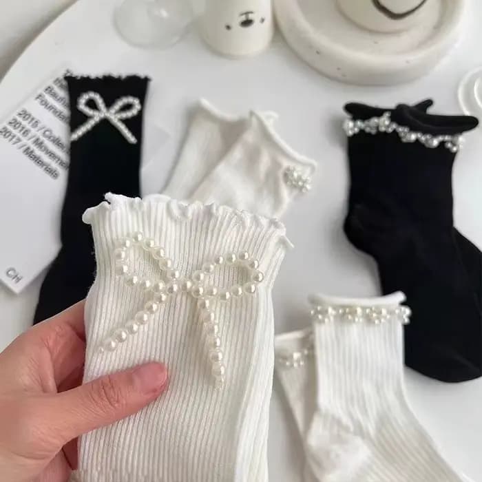 Femmes chaussettes coton femme mince mignon doux Kawaii Lolita Harajuku été perle bas dentelle chaussette blanc noir à
