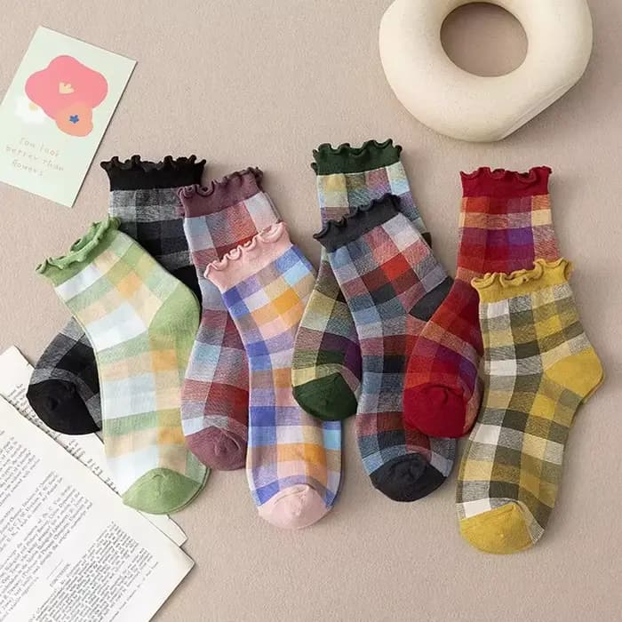 Femmes chaussettes coton Plaid ample court à volants
