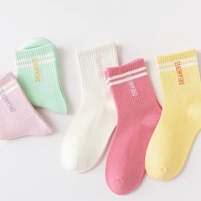 5 paires de chaussettes pour filles, chaussettes mi-mollet sportives et respirantes, avec double barre et lettres, chaussettes colorées pour enfants et étudiants