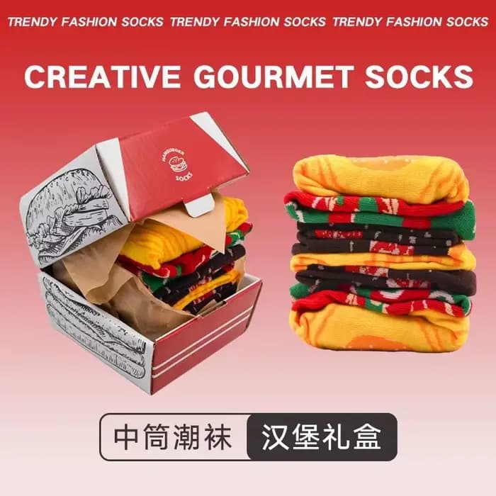 Deux paires de chaussettes colorées à motifs de hamburgers pour hommes et femmes