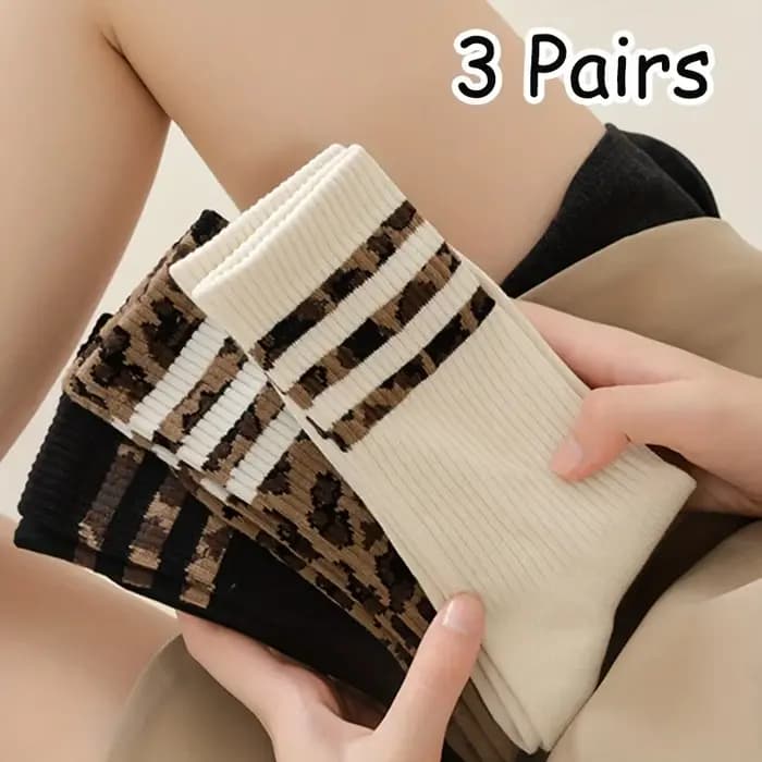 3 paires de chaussettes mi-mollet pour femmes, chaussettes longues à imprimé léopard, tendance printemps-automne, mode automne-hiver, chaussettes hautes polyvalentes antidérapantes