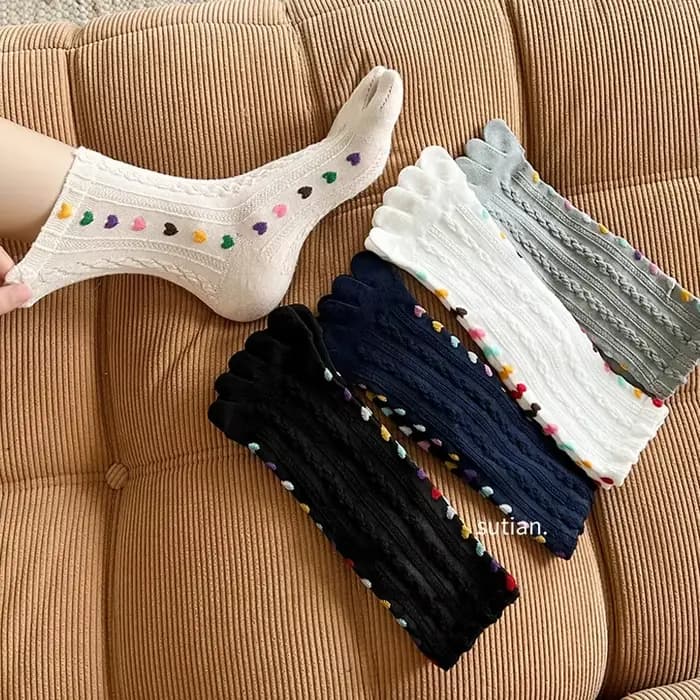 1/5 paires 5 doigts chaussettes femmes fille coton 3D Jacquard Vintage mignon amour coloré doux élastique absorbant la sueur orteil heureux chaussettes