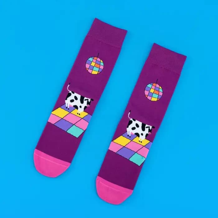 1 paire de chaussettes amusantes sur le thème de la vache Disco, Design prêt pour les fêtes, mode tendance, costume toutes saisons pour unisexe