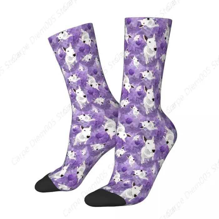 Chaussette imprimée en polyester pour homme, chaussettes violettes pour chien de genévrier, Bull Terrier anglais