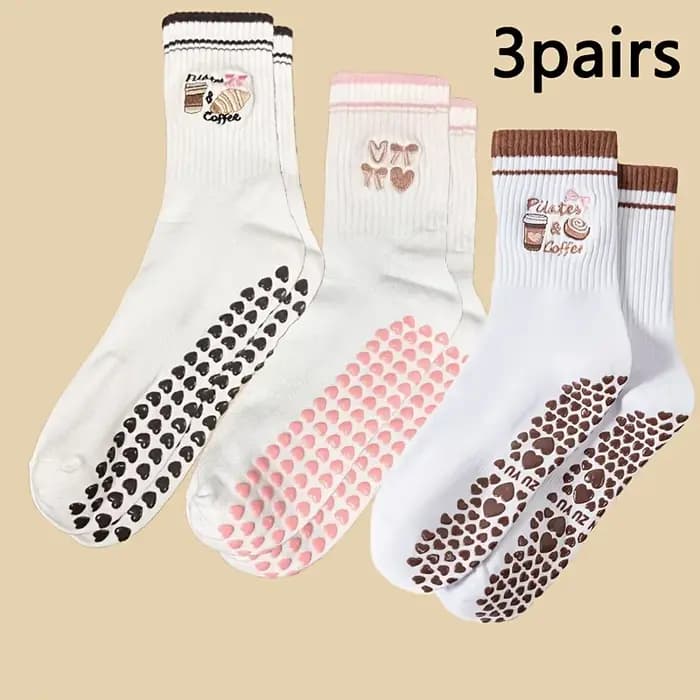 Lot de 3 paires de chaussettes antidérapantes Coffee Heart | Café brodé + points de poignée en forme de coeur