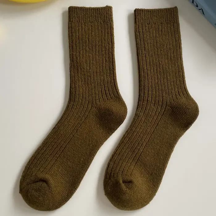 Chaussettes chaudes épaisses en laine mérinos pour femmes, classiques, couleur unie, côtelées, haute qualité, amples, mode japonaise, longues, hiver
