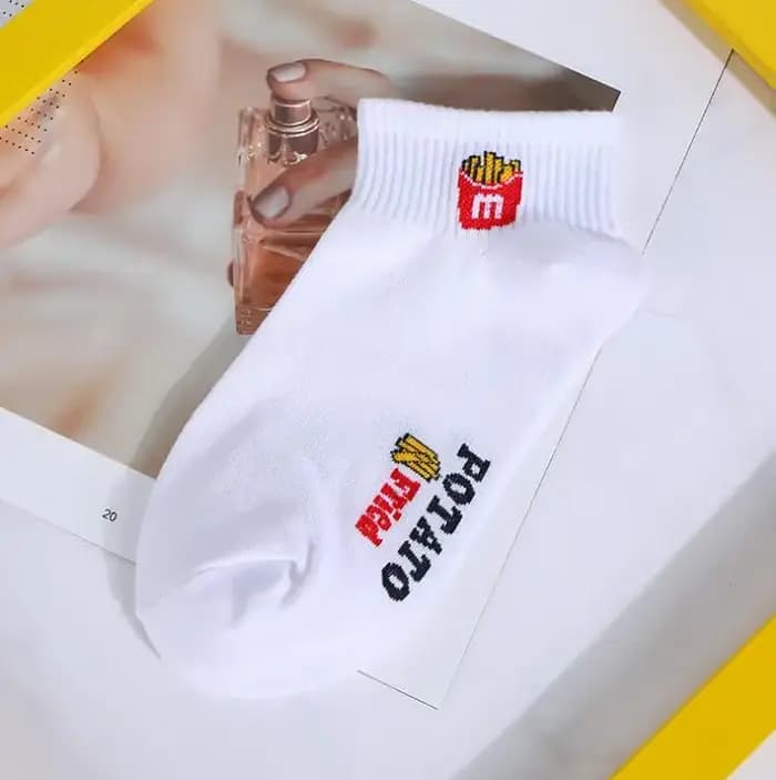 Été drôle dessin animé nourriture chaussettes frites unisexe blanc kawaii cheville