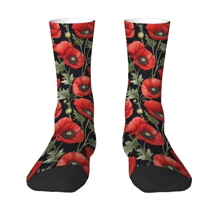 1 paire de chaussettes coquelicot rouge sur fond noir conçues pour les hommes avec un style hip hop vintage