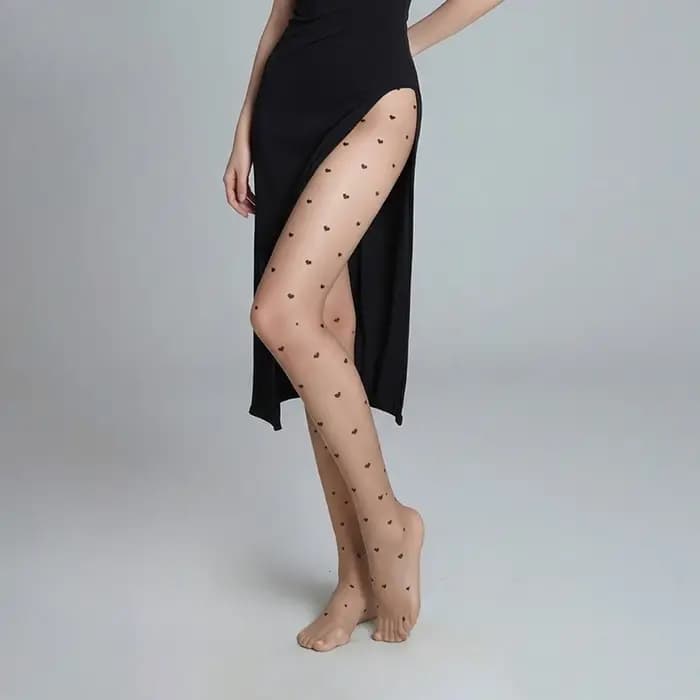 Collants noirs ultra-fins 0D à pois et cœurs pour femme