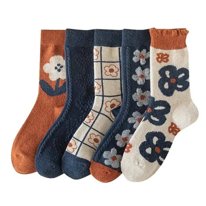 5 paires de chaussettes tricotées à Tube moyen rétro pour femmes