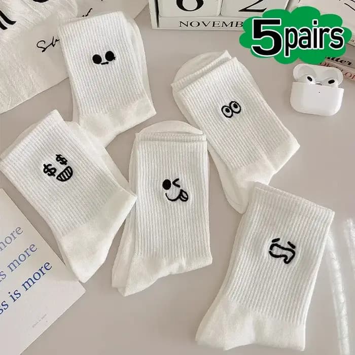 5 paires d'expressions émotionnelles mignonnes chaussettes chaudes pour femmes blanc Kawaii bas brodés