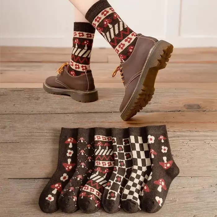 Chaussettes chaudes en laine épaisse, chaussettes tubulaires décontractées, automne et hiver, chaudes et confortables, en coton, damier, champignon, mignonnes
