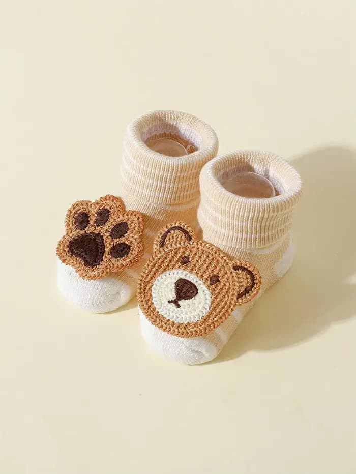 4 paires de chaussettes ours de dessin animé mignon pour bébé, chaussettes antidérapantes en coton d