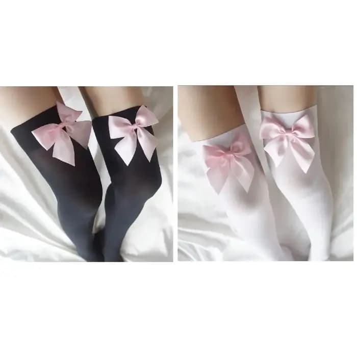 Bas roses pour femmes, chaussettes longues Sexy avec nœud en dentelle