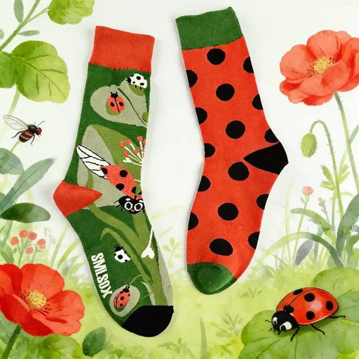 1 paire de chaussettes asymétriques mi-mollet coccinelle jardin-chaussettes de couleur contrastée imprimées d'insectes mignonnes