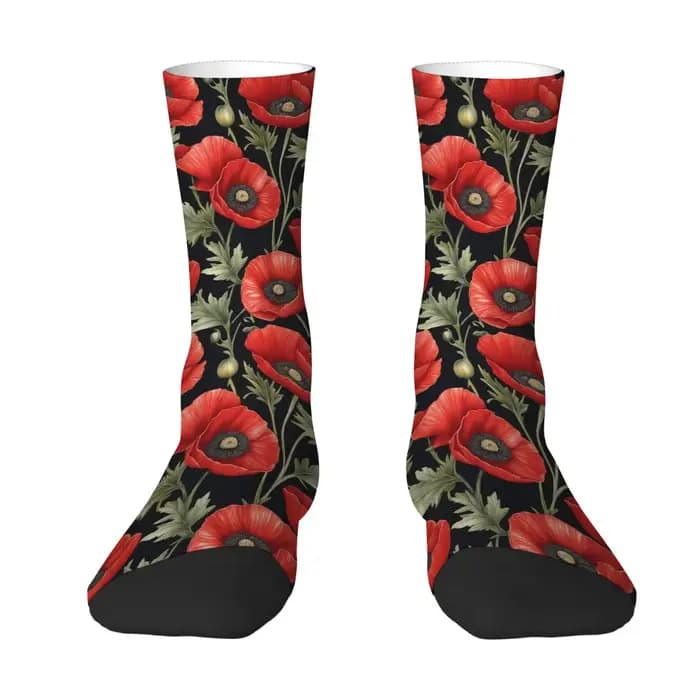1 paire de chaussettes coquelicot rouge sur fond noir conçues pour les hommes avec un style hip hop