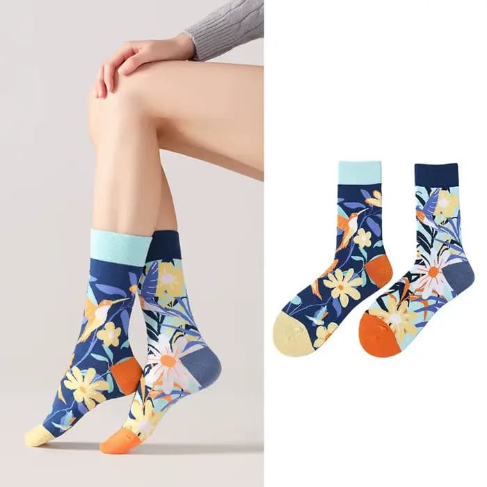 Chaussettes mi-mollet unisexes en coton pour couple, asymétriques et non assorties, à imprimé coloré
