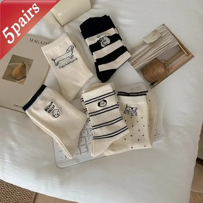 5 Paris femmes chaussettes rayure dessin animé chiot imprimé moyen Tube