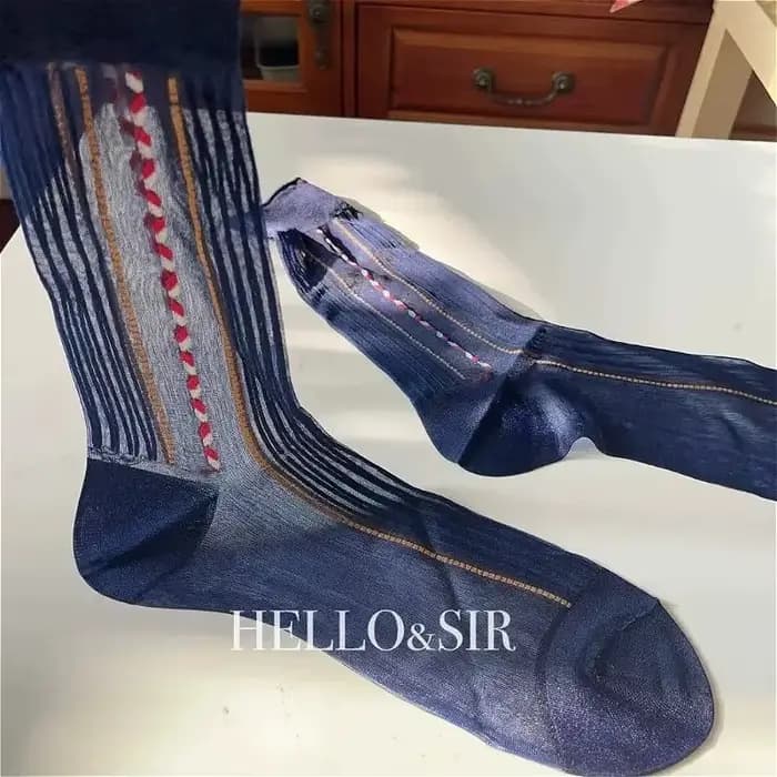 Chaussettes habillées classiques vintage élastiques rayées en nylon pour hommes, chaussettes d'affaires transparentes ajourées mi-mollet pour l'été