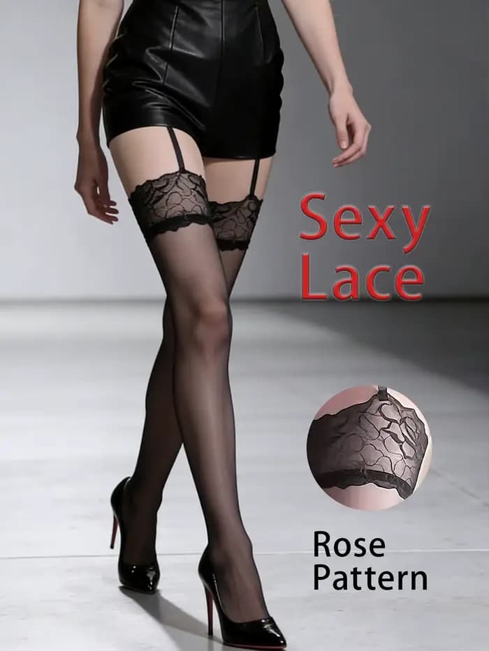 Chaussettes hautes noires transparentes pour femmes avec détails en dentelle et porte-jarretelles