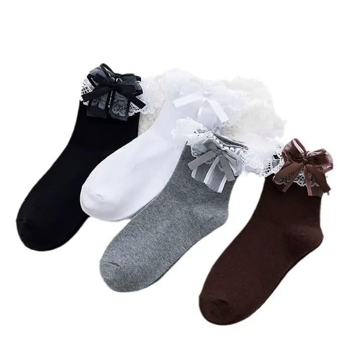 Lolita femmes Harajuku rétro dentelle chaussettes avec nœud cheville JK froufrous à volants coton princesse filles mariage danse blanc mignon Ballet