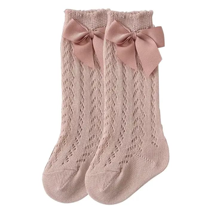Chaussettes longues pour bébés filles en coton doux style espagnol avec nœud et dentelle ajourée pour confort quotidien et élégance