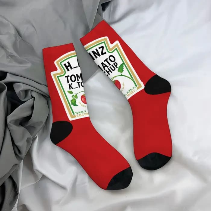 Chaussettes mi-mollet à motif tomate, étiquette de ketchup drôle imprimée, chaussettes unisexes, processus d'impression, meilleur choix pour la maison, cadeaux de sports de plein air